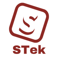 The logo of STek features a red square with rounded corners, containing a stylized 'S' and a checkmark inside, symbolizing protection like PPF. The word "STek" is elegantly displayed below in matching red font.