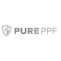 Logo featuring a stylized shield emblem to the left and the text "PURE PPF" in bold, metallic letters on the right, exuding durability akin to ceramic coat finishes. The design, ideal for auto detailing brands, conveys a sense of protection with its transparent background.