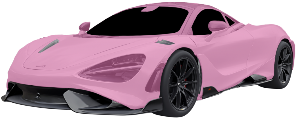 A sleek pink sports car with a futuristic design, featuring black accents and aerodynamic curves. Enhanced by ceramic coat protection, the vehicle's large stylish wheels and low profile give it a dynamic and luxurious appearance.