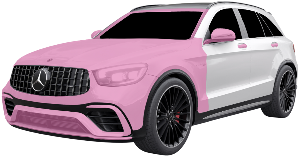 A Mercedes SUV with a unique two-tone design, featuring pink accents on the front, door panels, and back, contrasting with a white body. Enhanced by a ceramic coat for shine and protection, it boasts black wheels and a sleek, modern appearance.